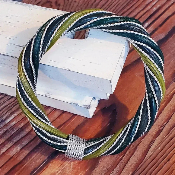 Handcrafted Twisted Rattan Wicker Olive Dark Green Silver Metal Bangle Bracelet - Picture 1 of 8